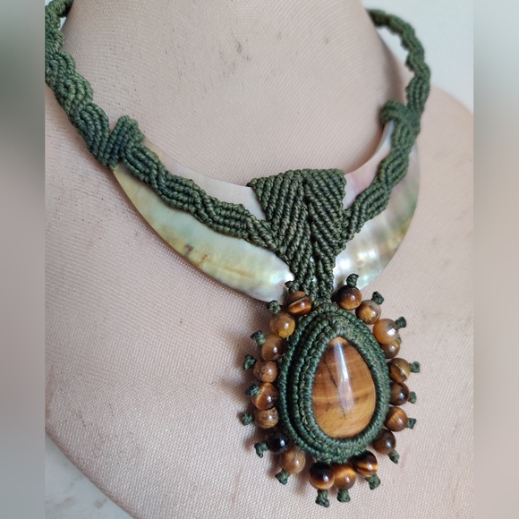 OOAK Artisan Macrame Necklace with Genuine Mother of Pearl and Tiger Eye Stones - Picture 10 of 13